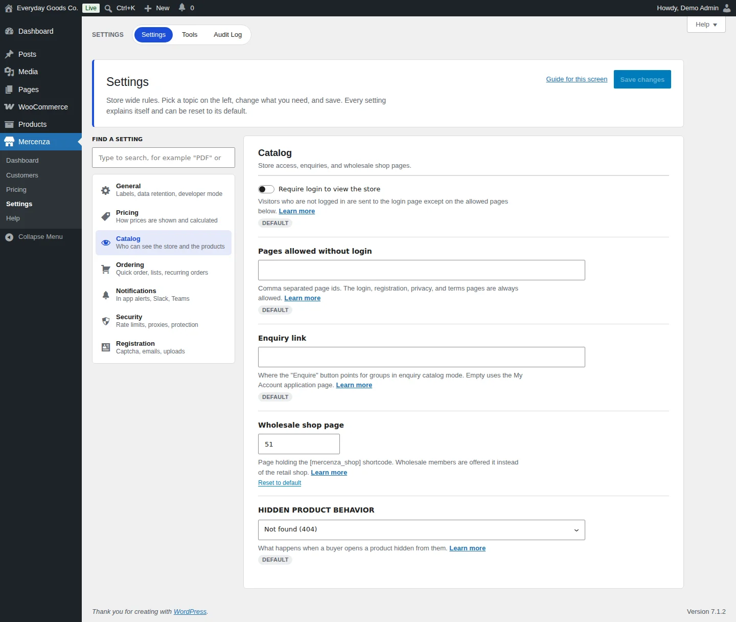 Mercenza Settings Catalog topic with login requirement, allowed pages, enquiry link, wholesale shop page and hidden product behavior