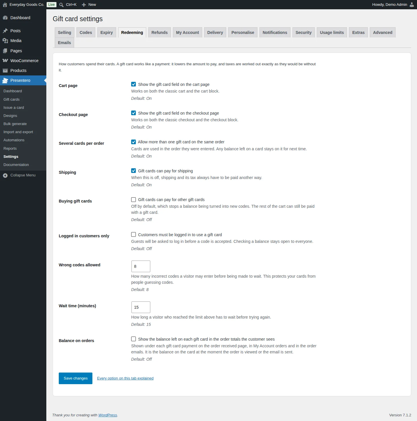 Redeeming settings tab with cart, checkout, shipping, login and guessing protection options